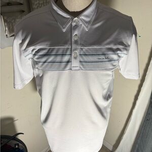 White and men Dri-Fit Polo Shirt with Gray Size LARGE Stripes(123)